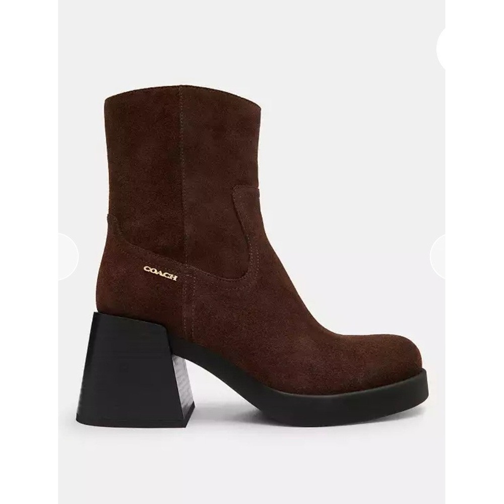 Coach Leah Platform Bootie Women 9 Brown New Suede‎ Block Heel Ankle Boot